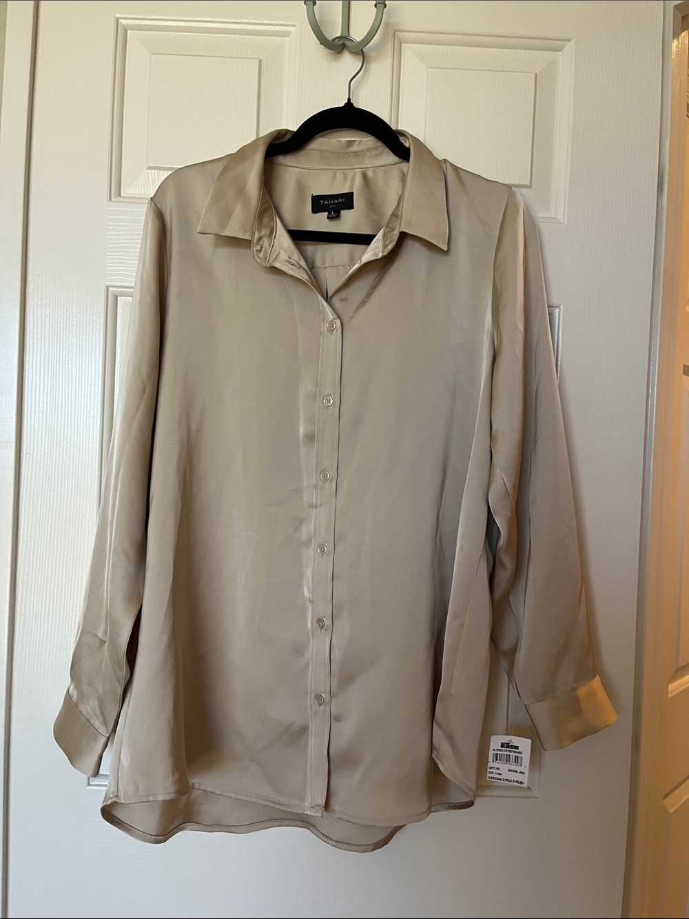 Tahari ASL Beige Satin-Look Button-Down Shirt